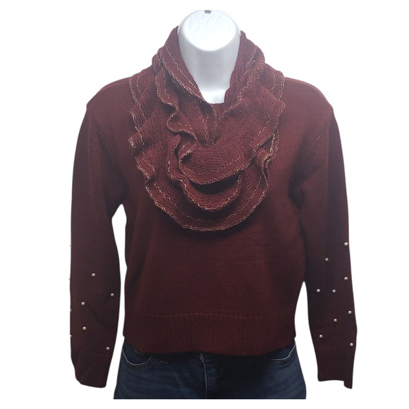 Amy Byer Burgundy Sweater+ Scarf Set Girls M Beaded Knitwear Holiday Style - Picture 1 of 9